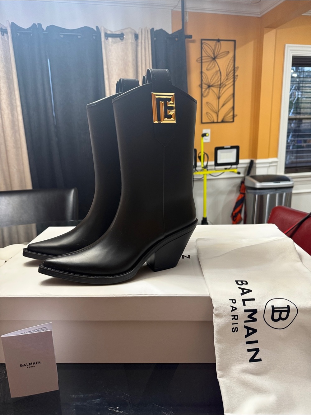 Balmain Black Leather Western Ankle Boots with Gold Logo Plaque
